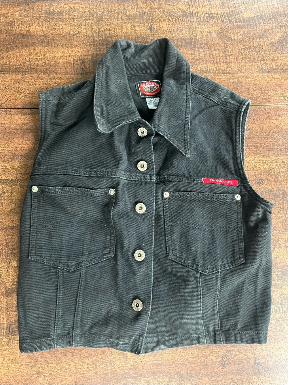 Vintage No Excuses Women’s Black Denim Vest Small 90s Grunge Y2K Moto Streetwear